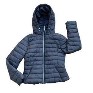 Zara Removable Hood Puffer Jacket Women Sz L Black Neutral Quilted Everyday